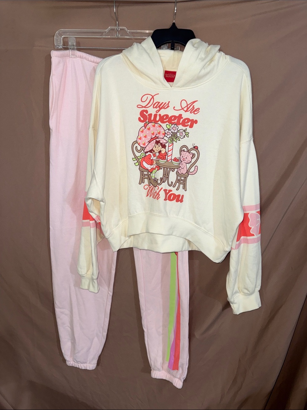 NWT Women’s Large Cream and Pink Hoodie Pajama Set - 'Days Are Sweeter'